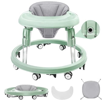 PRVAETU Foldable Baby Walker with Wheels,Height Adjustable,Large Dining Tray,Dust-Resistant Foot Pad,for 6-18 Months Infant,Green