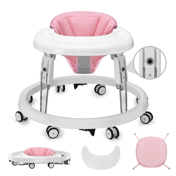 PRVAETU Foldable Baby Walker with Wheels,Height Adjustable,Large Dining Tray,Dust-Resistant Foot Pad,for 6-18 Months Infant,Pink