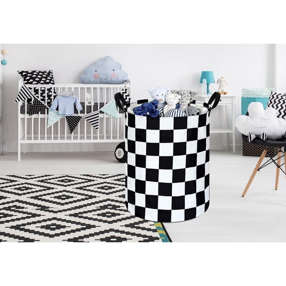 PRWLUS-19.7 Inch Round Laundry Hamper Black Check Laundry Basket Fabric Storage Hamper Organization Basket, Storage Bin, Toy Box,Gift Basket with Handles for Room