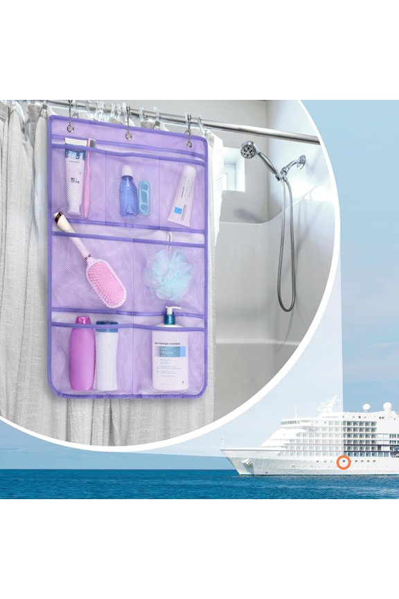 Cruise Essentials 2026 - Mesh Shower Organizer Hanging with 7 Pockets for RV Gym Camping, Quick-Dry Portable Toiletry Bag with Metal Hooks for Bathroom Travel Toiletries, Purple