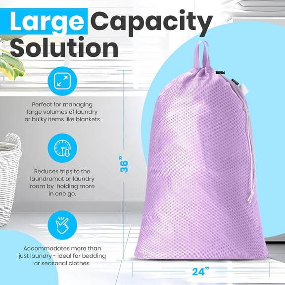 PRWLUS-Mesh Laundry Bag 24 x 36 Inches - Extra Large Heavy Duty Bag with Handles & Shoulder Strap, Breathable, Machine Washable for Dorm, Travel, Bedding & Storage - Purple
