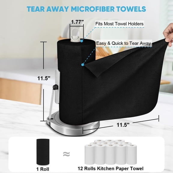 PRWLUS Microfiber Cleaning Cloth Roll, 75PK, Black Microfiber Towels for Cars, Reusable Paper Towels Tear Away Cloth, Shop Rags, Lint Free Cleaning Rags for House, Kitchen, Window, 11.5"11.5"