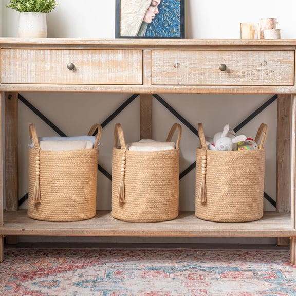 PRWLUS-Woven Storage Basket Decorative Natural Rope Basket Wooden Bead Decoration for Blankets,Toys,Clothes,Shoes,Plant Organizer Bin with Handles Living Room Home Decor (Brown, 28 x 28cm)