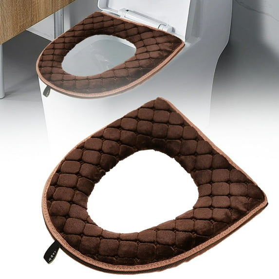 PRYESS Brown Soft Thick Washable Cloth Toilet Seat Cover with Zipper, Warm Lid Liner for Bathroom Easy Cleaning
