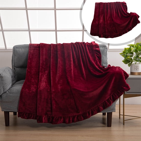 PRYESS Burgundy A Pleated Flannel Blanket 1.3X1.5M, Scallop Throw Velvet Decorative Holiday Afghan, Heart-Shaped Polyester & Velvet Soft Living Room Throw