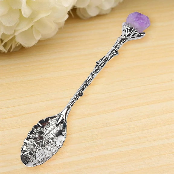 PRYESS Coffee Vintage Tea Spoon, Vintage Flower Carving Tea Coffee Dessert Spoon, Long Handle Dinnerware, Elegant Spoon, Natural Crystal Gemstone Spoon Handle, 1 Piece