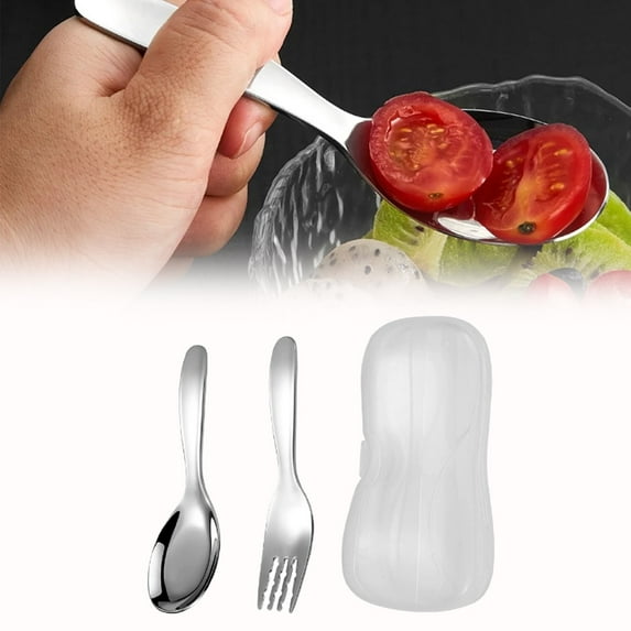 PRYESS Fork and Spoon Travel Set, Stainless Steel Flat Bottom Spoon and Fork Set, Thickened Short Handle, Portable Cutlery with Storage Case