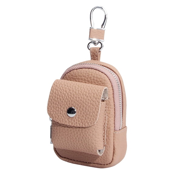 PRYESS Pink Leather Keychain Pouch, Leather Mini Backpack Keychain Purse with Carabiner Clip, Mini Backpack Purse for Travel and Makeup
