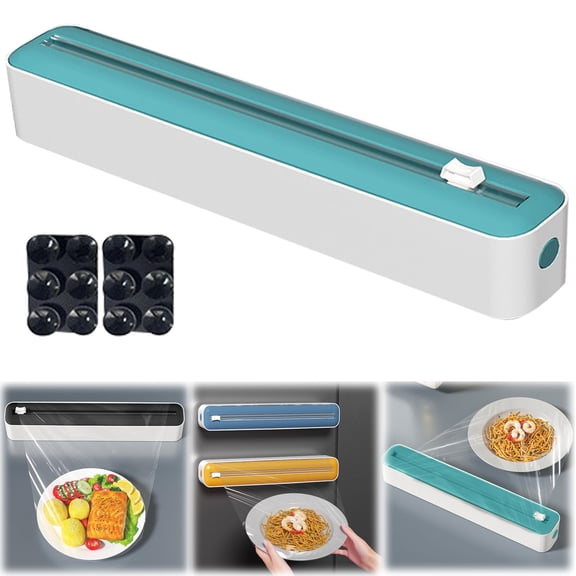 PRYESS Plastic Wrap Cutter with Suction Cup, Cling Film Dispenser with Cutter for Plastic Wrap & Aluminum Foil, Wall Mounted Kitchen Organizer Box, Green & White Color