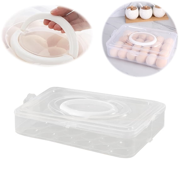 PRYESS Portable Egg Holder, Crystal White Single Layer Plastic Egg Carton Holds 24 Eggs, Deviled Egg Tray with Handle and Lid for Refrigerator, Kitchen, Easter Parties