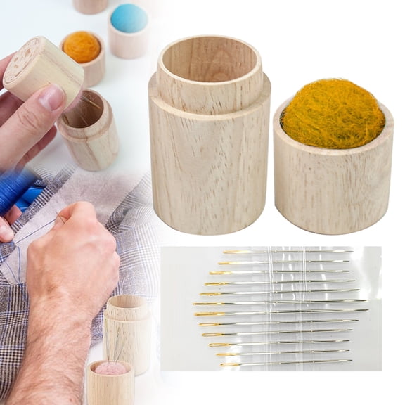 PRYESS (Portable Pin Holder with Embroidery Needles), Wooden Sewing Needle Holder Pincushion Portable Pin Holder Wood Sewing Storage Case with 12 Embroidery Needles, for Stitching Hand Crafts, Yellow