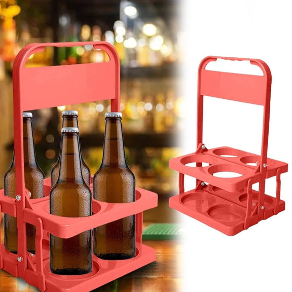 PRYESS Red Foldable 4-Hole Beverage Caddy for Beer Bottles, Portable Plastic Drink Reusable Beer Bottle Coffee Cup Holder Beverage Cup Drink