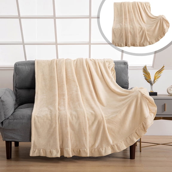 PRYESS White A Pleated Flannel Blanket 1.3X1.5M, Scallop Throw Velvet Decorative Holiday Afghan, Heart-Shaped Polyester & Velvet Soft Living Room Throw