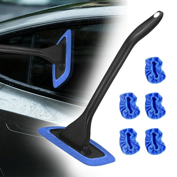 PRYESS Windshield Cleaner Tool, Household Glass Cleaning Tools with 5 Reusable Cloth Pads, Car Window Cleaning Wand, Auto Glass Scrubber, Easy to Use