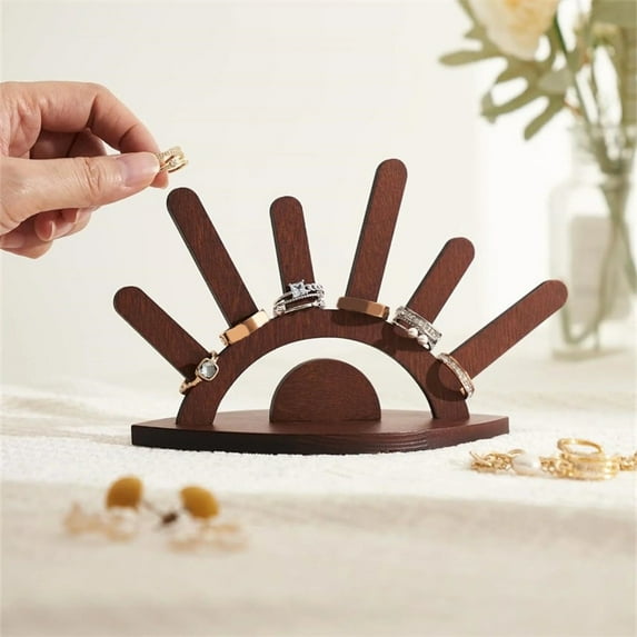 PRYESS Wooden Ring Holder Display Rack, Evil Design with 6 Posts, Easy Assembly Jewelry Organizer, Model A