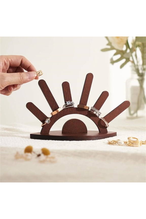 Wooden Ring Holder Display Rack, Evil Design with 6 Posts, Easy Assembly Jewelry Organizer, Model A