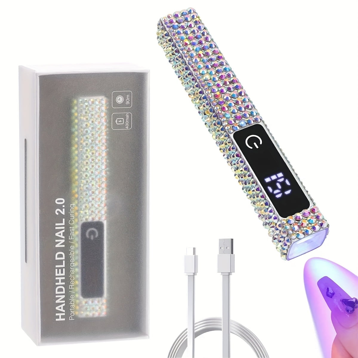 PRYZUNA Mini Crystal LED UV Nail Lamp – Portable Gel Polish Dryer with Touch Timer, USB-C Rechargeable Design with Rhinestone Finish