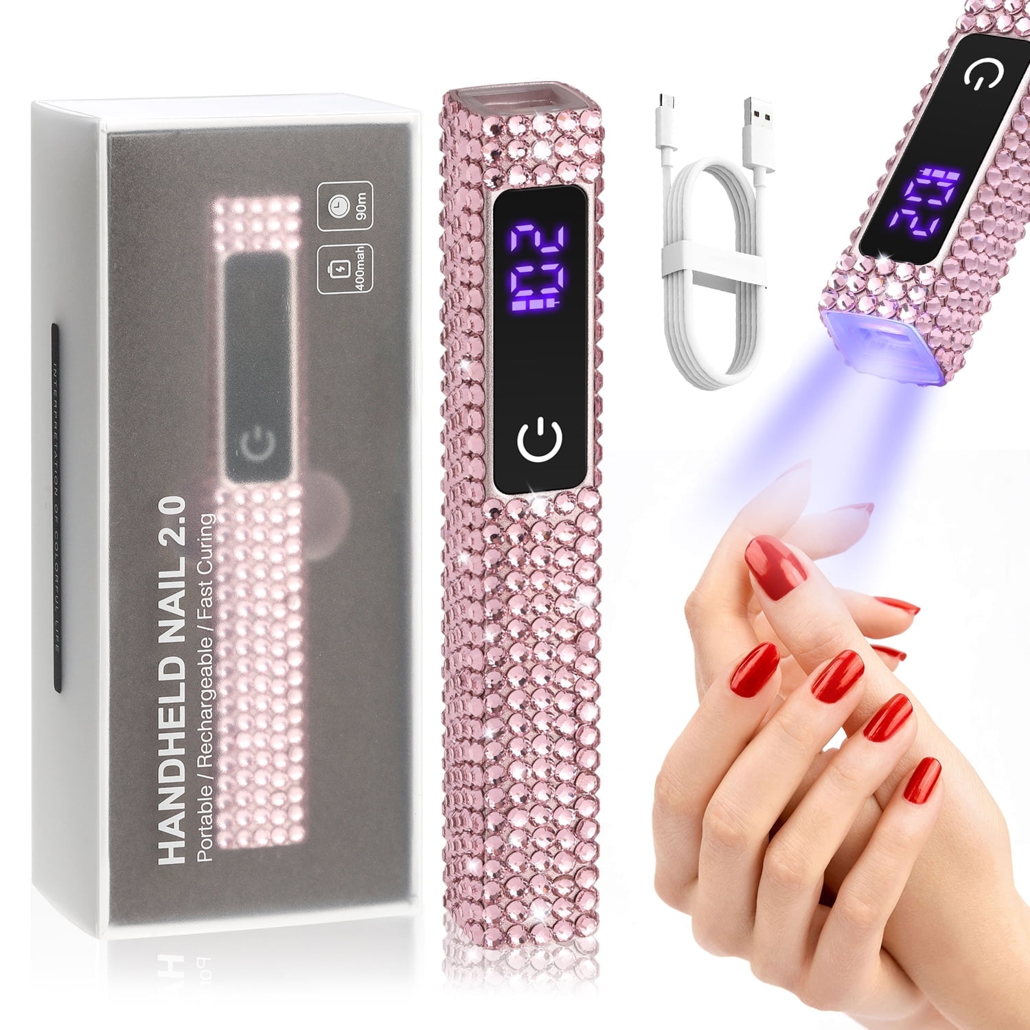 PRYZUNA Mini Crystal LED UV Nail Lamp – Portable Gel Polish Dryer with Touch Timer, USB-C Rechargeable Design with Rhinestone Finish