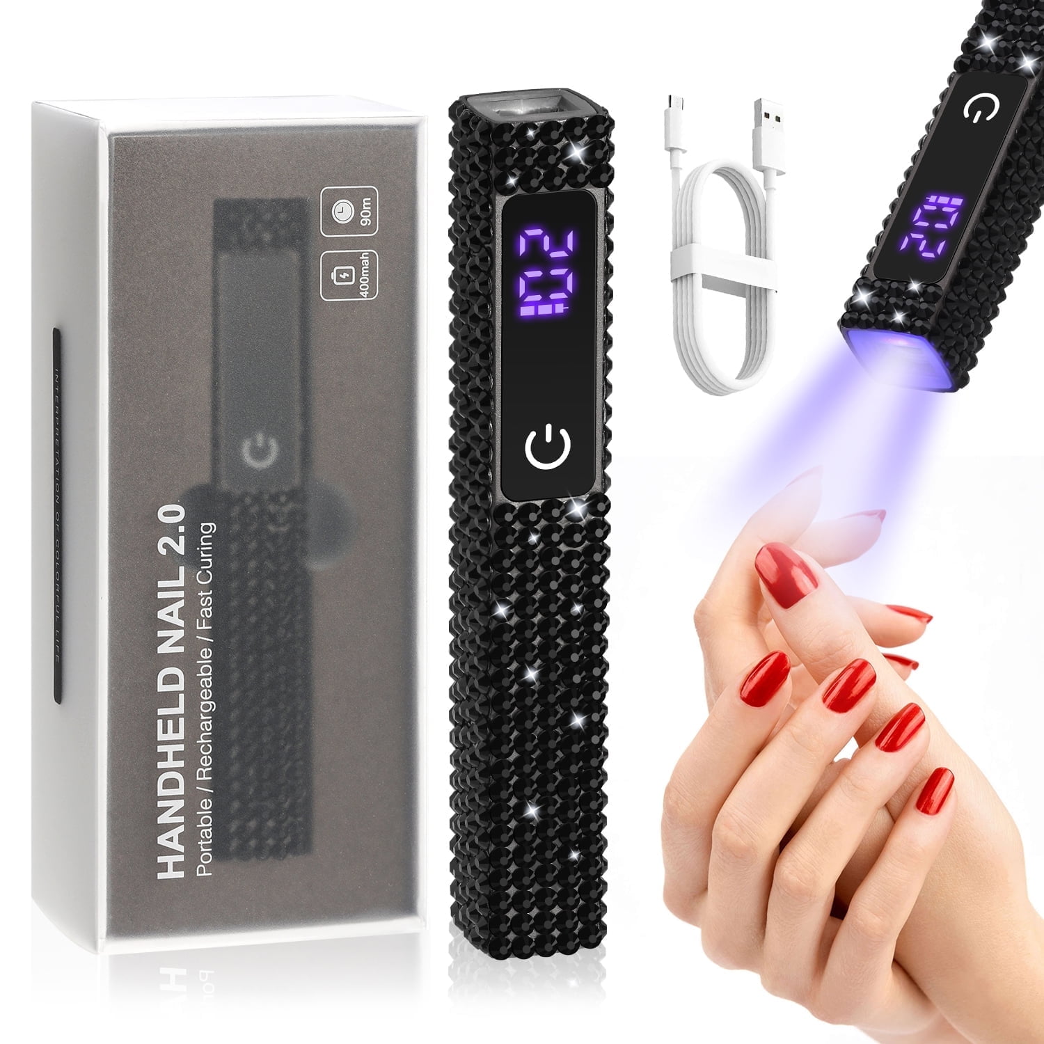 PRYZUNA Mini Crystal LED UV Nail Lamp – Portable Gel Polish Dryer with Touch Timer, USB-C Rechargeable Design with Rhinestone Finish