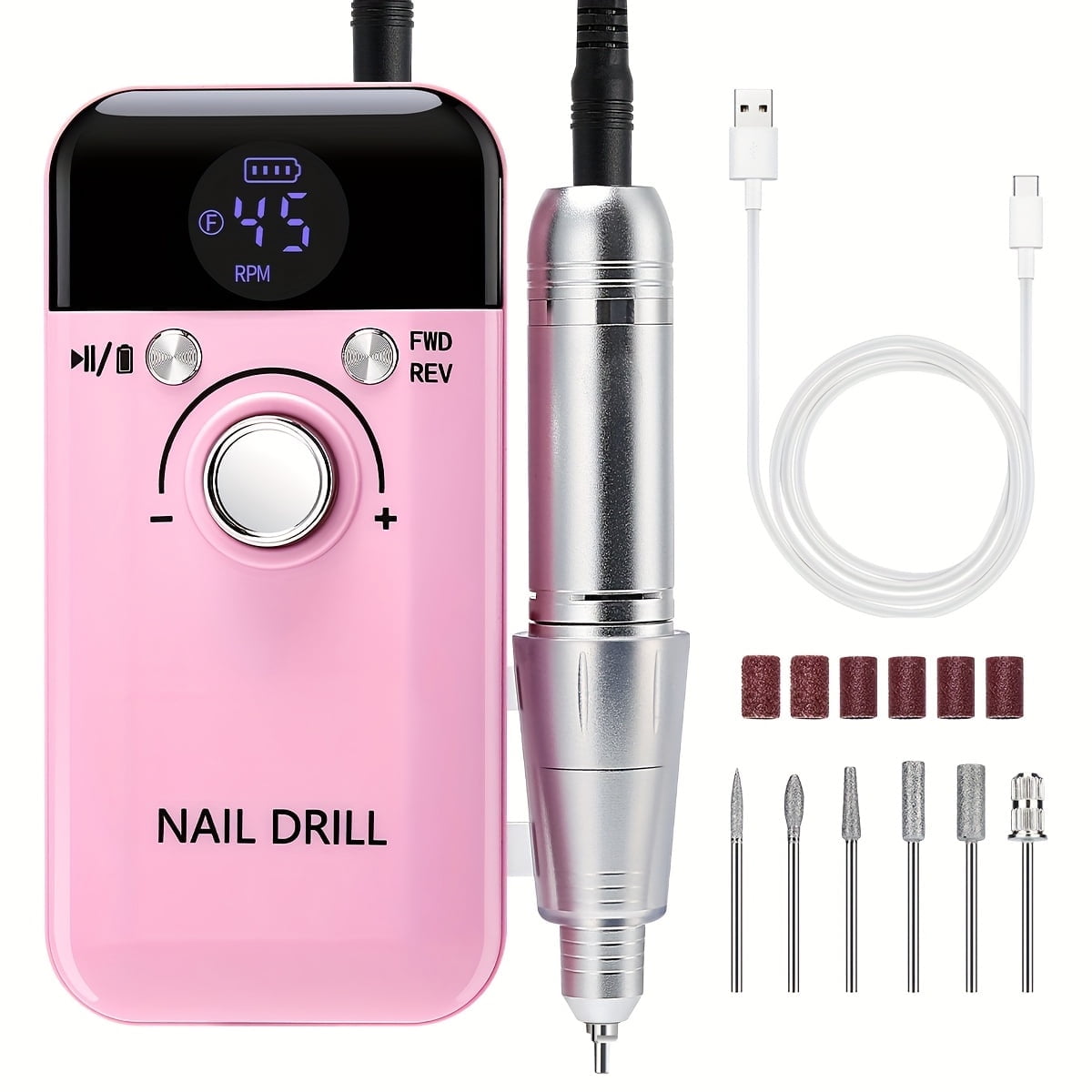 PRYZUNA Professional Nail Drill – 45001 RPM Rechargeable Cordless Electric Nail File with LCD Display for Acrylic & Gel Nails