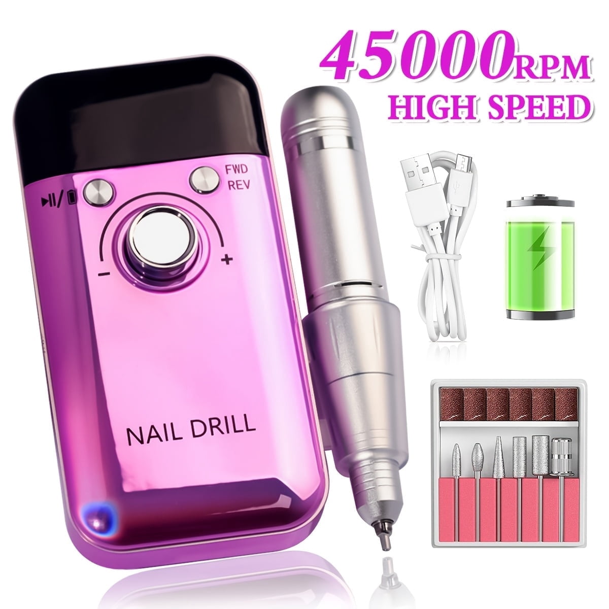 PRYZUNA Professional Nail Drill – 45002 RPM Rechargeable Cordless Electric Nail File with LCD Display for Acrylic & Gel Nails