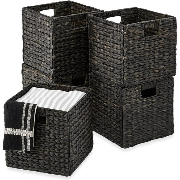 PRZL 10.5x10.5in Pack of 5 Cube Storage Baskets, Water Hyacinth Multipurpose Collapsible Organizers, Handwoven Laundry Totes for Laundry, Living Room, Kids Room & Nursery - Black