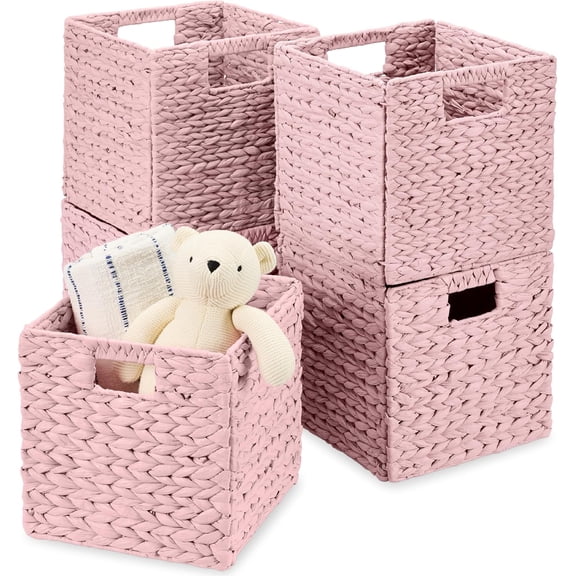 PRZL 10.5x10.5in Pack of 5 Cube Storage Baskets, Water Hyacinth Multipurpose Collapsible Organizers, Handwoven Toy Storage Totes for Kids Room, Nursery & Living Room - Pink