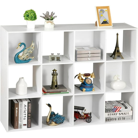 PRZL 12-Cube Open Shelf Bookcase, Wooden Bookshelf with Back Panel, Storage Organizer Cabinet for Bedroom, Living Room, White