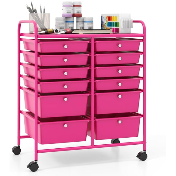 PRZL 12 Drawer Rolling Storage Cart Tools Scrapbook Paper Office School Organizer (Hot Pink)