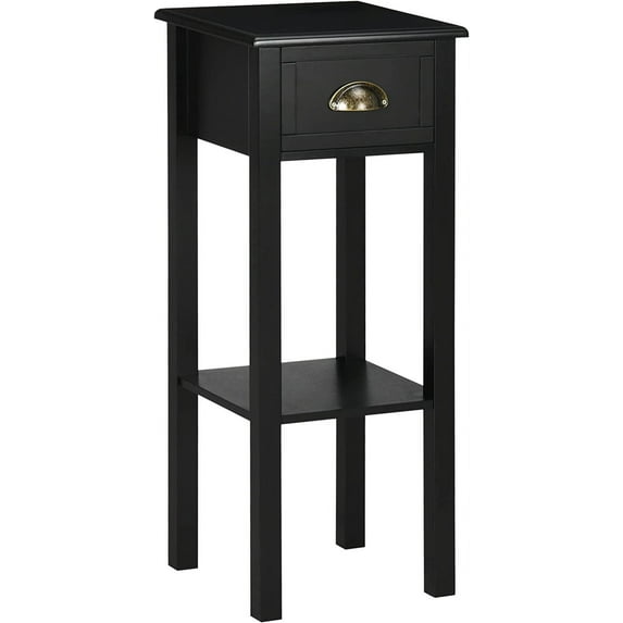 PRZL 2-Tier Side Table with Drawer, Narrow End Table with Bottom Shelf, for Living Room, Set of 1, Black