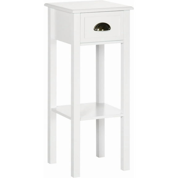 PRZL 2-Tier Side Table with Drawer, Narrow End Table with Bottom Shelf, for Living Room, Set of 1, White