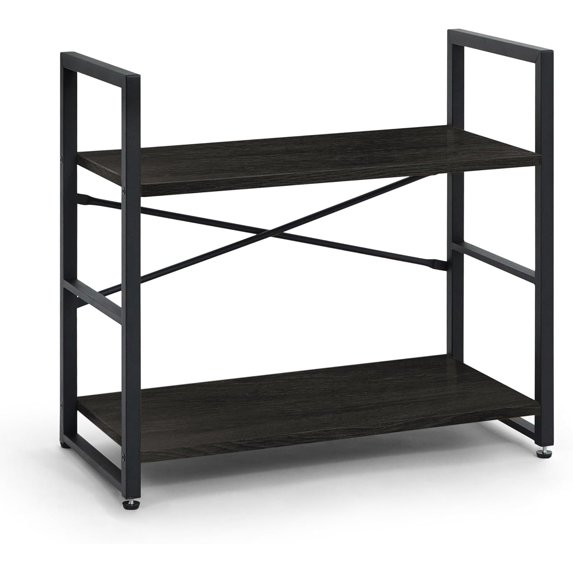 PRZL 2 Tier Small Bookshelf, Bookcase Shelf Storage Organizer for Living Room, 24 Inch Width Free Standing Shelf, Industrial Book Shelves for Home Office, Black Vintage Shelves & Metal Frame