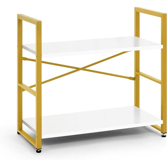 PRZL 2 Tier Small Bookshelf, Bookcase Shelf Storage Organizer for Living Room, 24 Inch Width Free Standing Shelf, Industrial Book Shelves for Home Office, White Wooden Shelves & Gold Frame