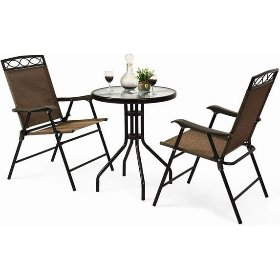 PRZL 3-Piece Bistro Set, Patio Dining Furniture Set, Round Textured Glass Tabletop w/Umbrella Hole, Outdoor Conversation Set for Backyard Garden Poolside(Beige)