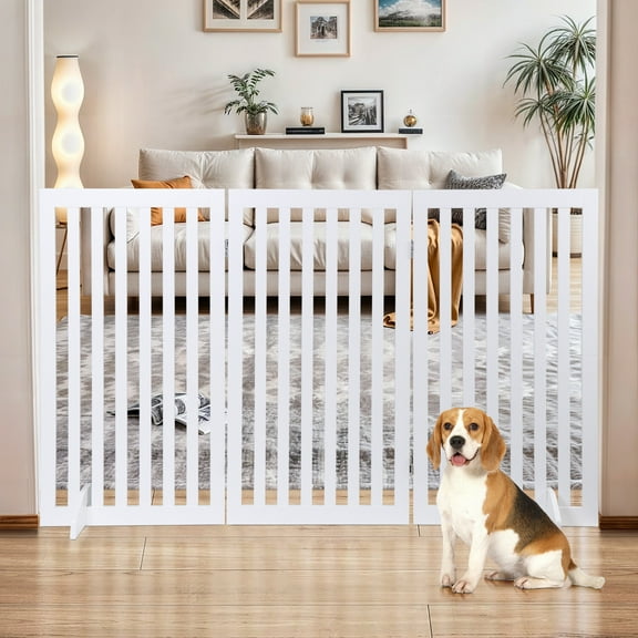 PRZL 36" H Pet Dog Gate, Foldable Freestanding Dog Door 3 Panel, Wooden Z Shape Step Over Pet Fence for Entryway, Stairs, Doorway, White