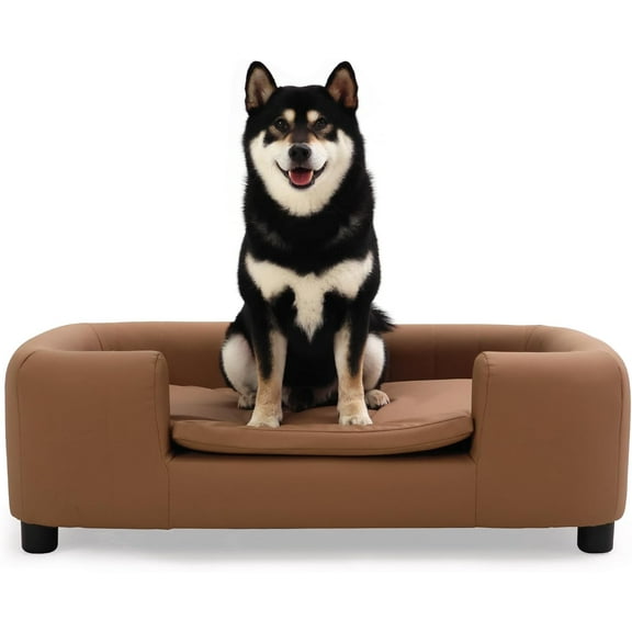 PRZL 37-Inch Modern Pet Sofa with PU Scratch-Resistant Fabric and Adjustable Legs, Elevated Dog Couch for Small and Medium Dogs, Comfortable Dog Sofa Bed Brown