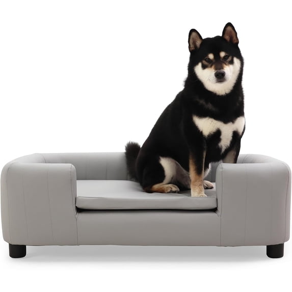 PRZL 37-Inch Modern Pet Sofa with PU Scratch-Resistant Fabric and Adjustable Legs, Elevated Dog Couch for Small and Medium Dogs, Comfortable Dog Sofa Bed Grey
