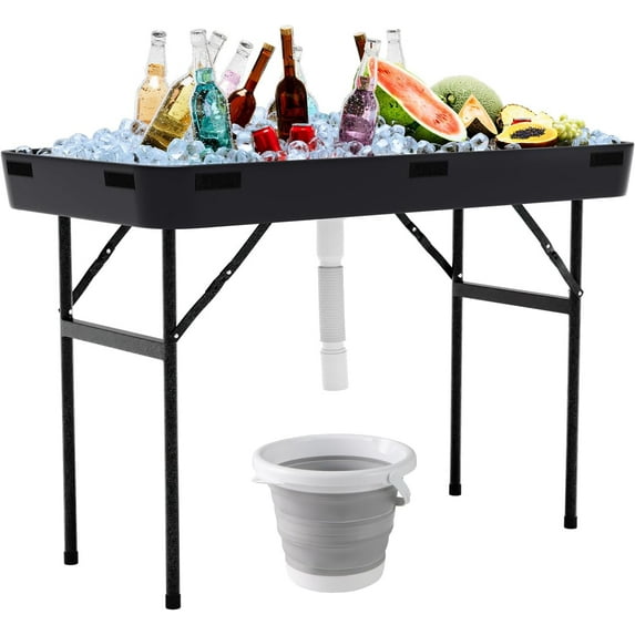 PRZL 4 Foot Ice Tables for Parties with Drain, Folding Cooler Table Outdoor with Foldable Bucket, Removable Skirt, Portable Chill Cooler for Drinks Beverages, Party Ice Bin Table for BBQ Wedding