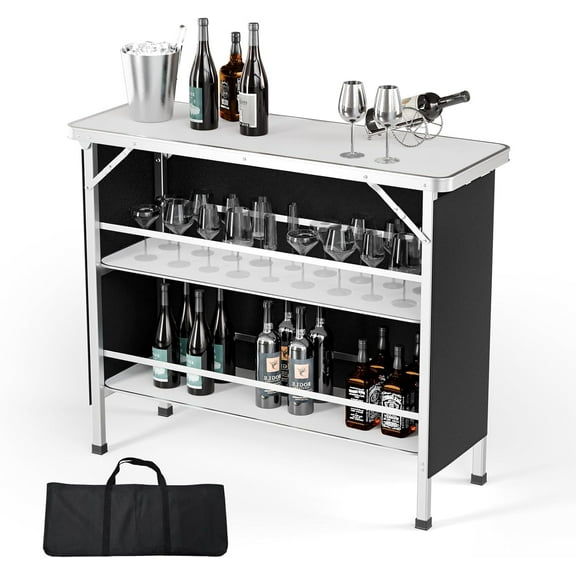 PRZL 43" Portable Bar Table with Pole, 3-Tier Shelves, Mobile Bar Table for Events, Party, Camping, Picnic, Tradeshow, Indoor with Black Skirt(White)