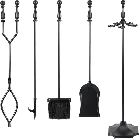 PRZL 5 Pieces Fireplace Tool Sets, 31 Inch Wood Stove Hearth Accessories Sets, Rustic Fire Pit Set Includes Shovel, Brush, Tongs, Poker, Grabber, Black