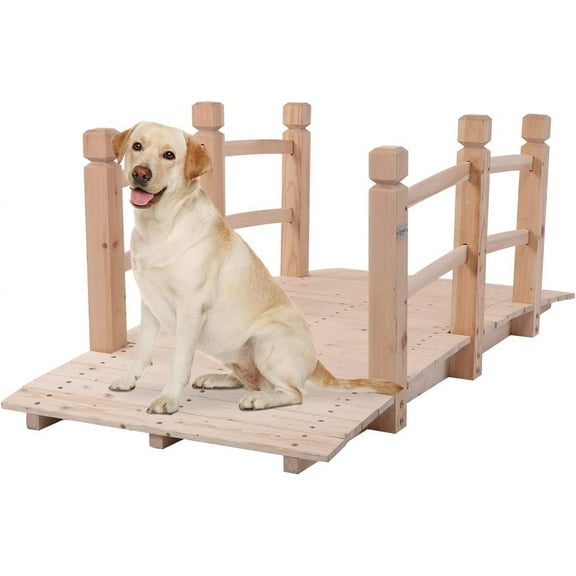 PRZL 5 ft Garden Bridge, Classic Wooden Arch with Safety Rails Natural Finished Footbridge, Decorative Pond Landscaping, Backyard Creek or Farm