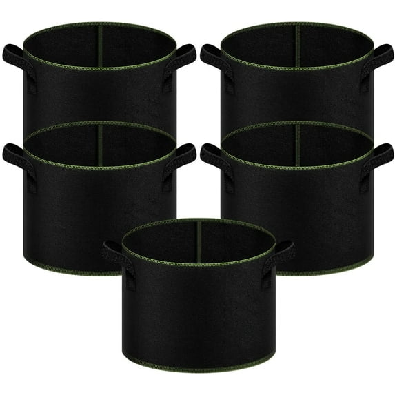 PRZL 7-Gallon 5-Pack Grow Bag Thickened Nonwoven Fabric Pots Heavy Duty Aeration Container with Strap Handles for Garden and Planting Vegetable Flowers, Black with Green Stitch Sewing