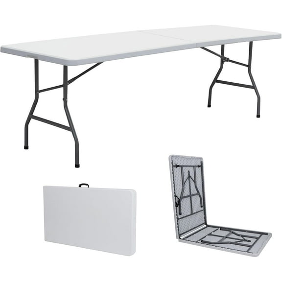 PRZL 8ft Portable Folding Table Plastic Indoor Outdoor Picnic Party Camp Dining Table with Handle, White