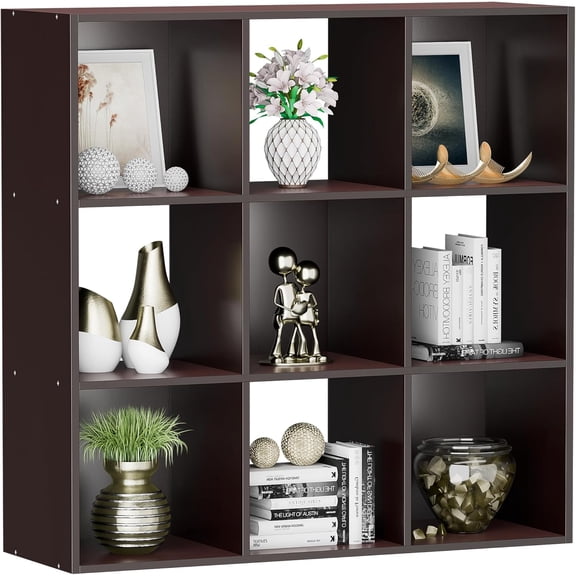 PRZL 9-Cube Bookcase, 3-Tier Storage Shelves with Removable Back Panels, Wooden Opening Bookshelves for Living Room, Home Office, Bedroom, Dark Brown
