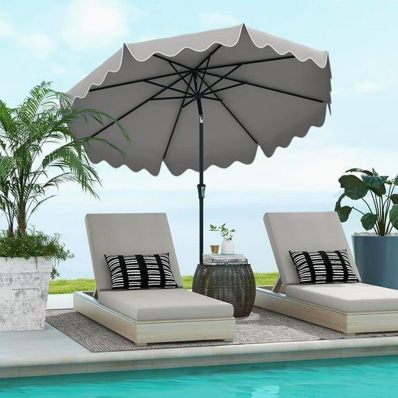 PRZL 9Ft Patio Umbrella with Crank, 2-Tier Outdoor Umbrella with Push Button Tilt, Sun-Protective Canopy, 8 Ribs, Scalloped Patio Umbrella for Outdoor Beach Deck Pool Table (Gray)