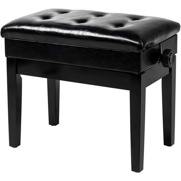 PRZL Adjustable Black Piano Bench with Storage Faux Leather Wooden Piano Stool with Padded Cushion（22"L x 13"W x 19"H）