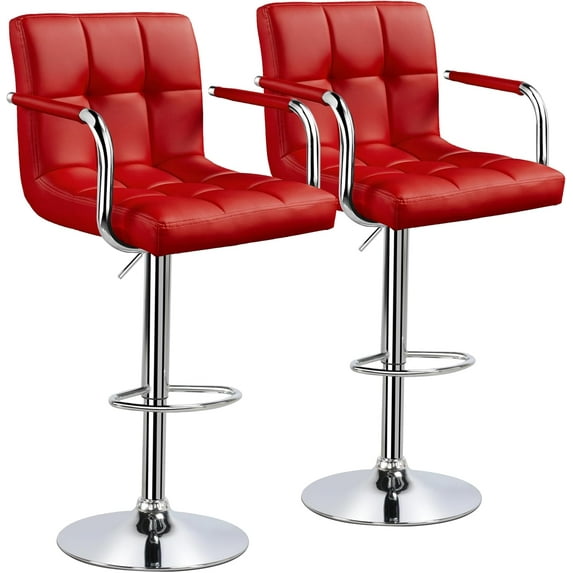 PRZL Bar Stools Set of 2, PU Leather Adjustable Swivel Barstools, Hydraulic Kitchen Counter Height Bar Chairs with Armrest and Back for Bar, Kitchen, Dining Room, Red