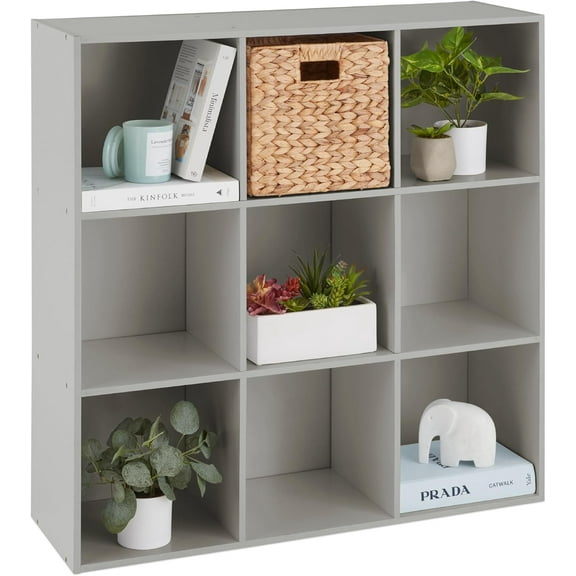 PRZL Bookcase 9-Cube Storage Organizer, 13.5in Shelf Opening, Bookshelf, Toy Storage, Customizable w/ 3 Removable Back Panels – Gray