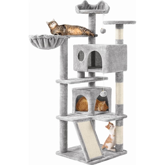 PRZL Cat Tree, 57 inches Multi-Level Cat Tree Tower with Scratching Posts, Cat Condo and Basket Kitten Activity Center, Light Gray