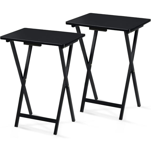 PRZL Conventional Solid and Sturdy Wood Construction Portable Folding TV Snack Tray Table Desk Serving Stand, Black (2-Piece Set)